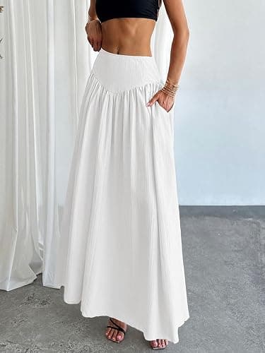 Milumia Women's Pleated Flowy Long Skirts High Waist Maxi Skirt with Pocket | Drop Waist Skirts, Boho, Ankle Length, Beach Cover Up, Vacation, Summer Fall, A-Line Skirt thumbnail 4