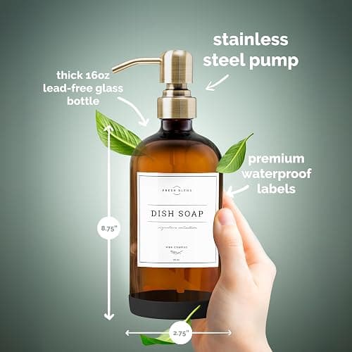 Vine Creations Amber Glass Soap Dispenser, 2 Pack Kitchen Soap Dispenser Set with Stainless Steel Pump, 16 oz Dish Soap and Hand Soap Dispensers for Bathroom with Waterproof Labels and Protective Pads thumbnail 6