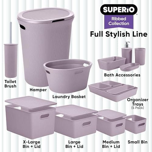 Decorative Plastic Basket Lidded Home Storage Bins Organizer, Medium Lilac Purple (1 Pack - 5 Liter) Stackable Container Box, for Organizing Closet Storage Bins for Shelves - Ribbed Collection thumbnail 6