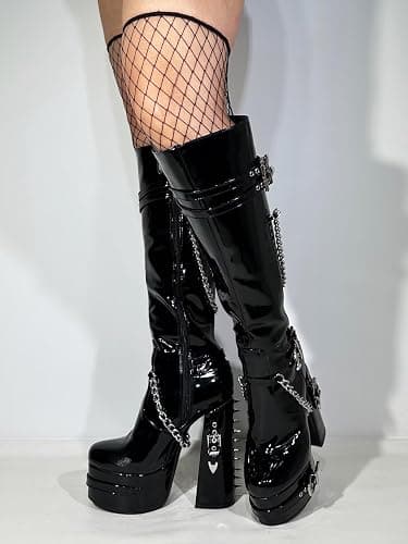 Frankie Hsu Goth Sexy Chunky Platform Knee High Heeled Boots, Black Patent Silver Chain Rivets Gothic, Punk Y2K Hot Girl Big Large Size Wide Calf Long Shoes For Women Men thumbnail 3