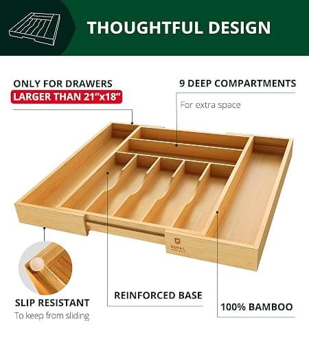 ROYAL CRAFT WOOD Luxury Bamboo Kitchen Drawer Organizer - Silverware Organizer, Utensil Holder & Cutlery Tray Drawer Dividers for Flatware (9 Slot, Natural) thumbnail 5