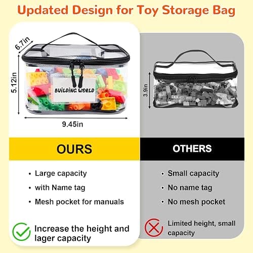 Tesuko 6 Pack Clear Toy Storage Bag with Name Tag& Manual Pocket, Waterproof Transparent PVC Toy Organizer Case for Lego Bricks, Board Games, Building Blocks, Puzzles (Large Capacity, Black) thumbnail 7