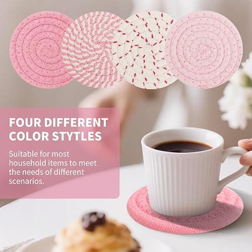 Pink Coasters Set of 8 with Holder,Valentines Woven Coasters for Drinks,Desk Coaster for Pink Office Decor,Cute Coaster for Girly Apartment Home Decor,Valentines Day Gifts for Women thumbnail 4