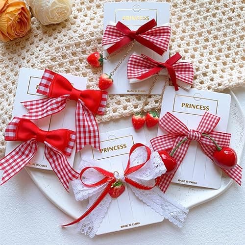 8 Pcs Cherry Strawberry Bow Hair Clips Cute Red White Bow Alligator Hair Clips Lace Gingham Hairpin Bows Fruit Hair Barrettes Hair Accessories for Women Girls Christmas Party thumbnail 3