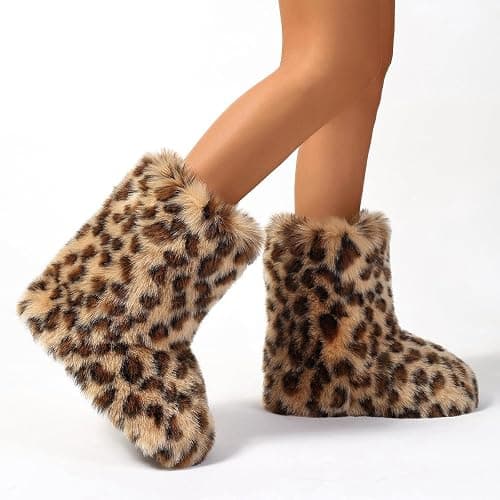 Eosxrp Furry Faux Fur Boots Women's Winter Shoes Woman Fluffy Warm Snow Boots Mid-Calf Comfortable Outdoor Flat thumbnail 5