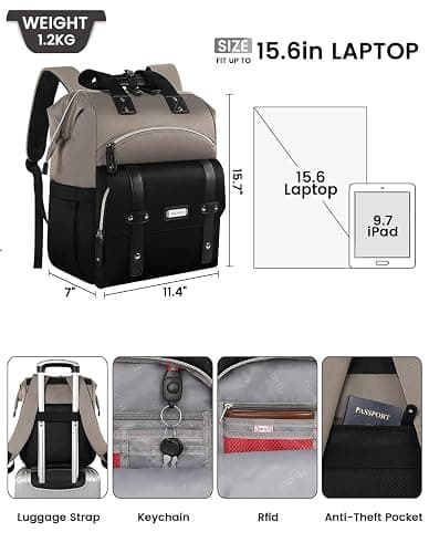 Laptop Backpack for Women,Stylish Doctor Nurse Teacher Work Travel Backpack for 15.6 Inch Laptop with RFID Anti-theft USB Charging Port College Purse Business Computer Bookbag Grey Black thumbnail 2