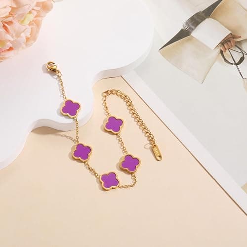 AIPPK 18K Gold Plated Clover Lucky Bracelet for Women White/Black/Red/Green Flower Four Leaf Link Bracelets Trendy Jewelry Gifts for Women thumbnail 4