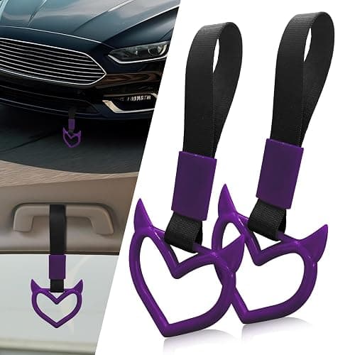 JUYQZ 2 Pcs Devil Heart Shaped Car Handle Strap – Drift Charm Rear Bumper Warning Ring Decor for Car Interior Exterior, Subway Bus Handle Accessory, Cute Heart Car Decor Gift for Drivers (Purple) thumbnail 2