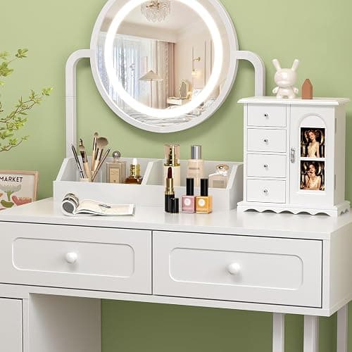 VINGLI Jewelry Box with Photo Frame, White Jewelry Organizer for Women, Arched Wooden Keepsake Case with 4 Drawers, Rotating Necklace Hooks & Velvet Lining, Vintage Gift for Girls Bedroom thumbnail 3