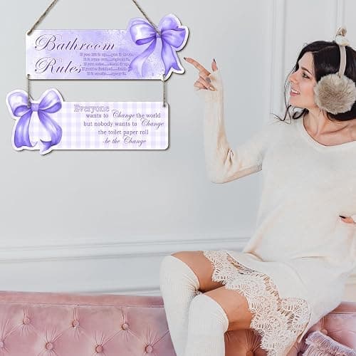 Purple Bow Bathroom Wall Decor - Set of 2 Fun Rustic Wooden Signs, Teen Bedroom Decor, Suitable for Teen and Girl Bedrooms, Gifts for Daughters and Besties thumbnail 4