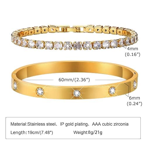 Gold Women Bangle Tennis Bracelet - Stainless Steel Gold Plated Girls Bangle, Dainty 4mm Cubic Zirconia Classic Tennis Bracelets, 17/19cm Jewelry Set Gift for Mother Best Friends thumbnail 5