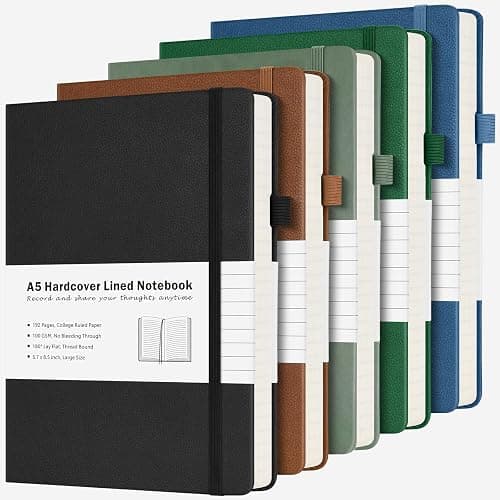 College Ruled Notebook, 5 Pack A5 Hardcover Leather Notebook for Work, Lined Notebook Journal for Women, Men, 100GSM Thick Paper, Large Notebook with Pockets, Professional Business Notebook, 5.7"x8.5" - Image 1