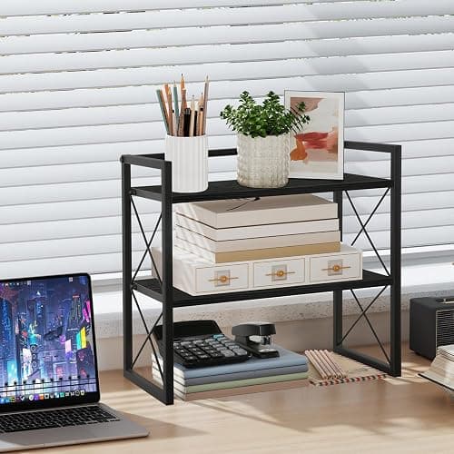 YINMIT Desktop Shelf Organizer, 2 Tier Office Shelves, Wood Desk Organizer Storage Rack and Freestanding Display Shelf for Office, Dormitory, Home(Black) thumbnail 2