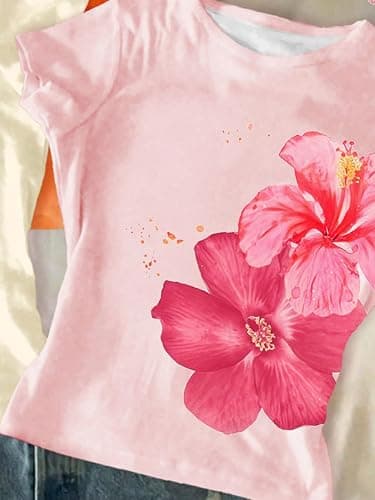 RoseSeek Girl's Shirts 3 Packs Graphic Tees Vacation Hibiscus Top Crewneck Short Sleeve Cute Tops Summer Slim Fit T Shirt thumbnail 4