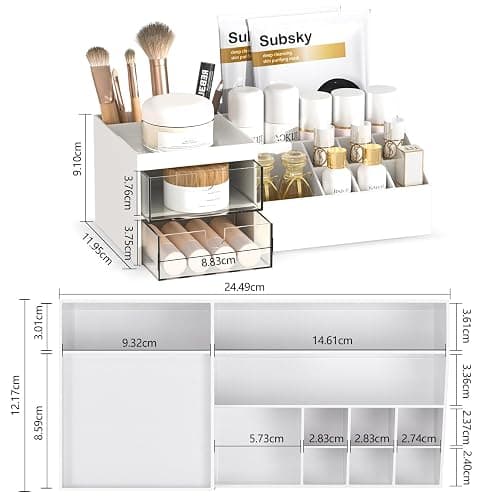 Subsky Make up Organizer mit Schubladen, Multifunktion Schminktisch Organizer Einfache Aufbewahrung für Make-Up Pinsel Wattepads, Schreibtisch Organizer für Dresser Skincare Weiß thumbnail 2