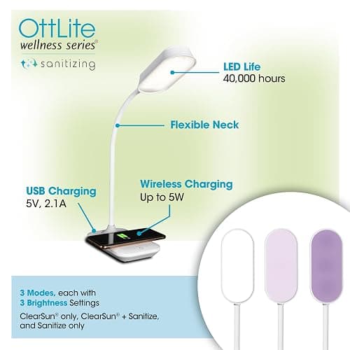 OttLite Achieve LED Sanitizing Desk Lamp Wireless Charging and USB Charging - Touch Activated, Flexible Neck, Modern Light for Reading, Crafting & Office Desktop thumbnail 2