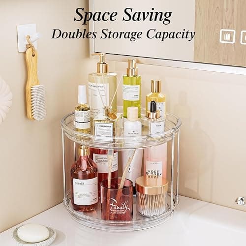 LAMU Rotating Makeup Organizer for Vanity, 10.6in 2 Tier Lazy Susan Turntable Stackable Spinning Skincare Organizer Cosmetic Perfume Tray Display for Bathroom Counterop, Large Capacity, Clear thumbnail 7