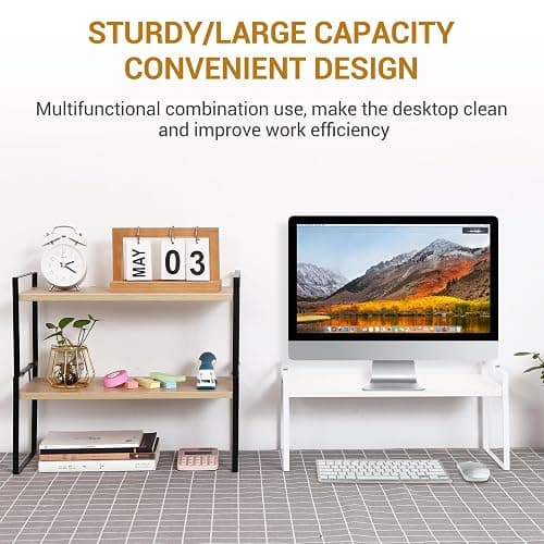YGYQZ Wood Office Desk Shelf Organizer - Desktop Supplies Cute Dresser Top Organization Storage Rack and Cubicle Decor Aesthetic Bookshelf for Women Man and Kids(White-Single Tier) thumbnail 4