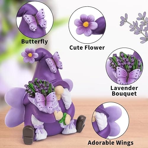 KnomeKo Lavender Gnome Fairy Garden Decor Purple Gifts for Women | Butterfly & Lavender Bouquet Resin Gnome , Spring Summer Decor Home Office Table Porch Yard thumbnail 4