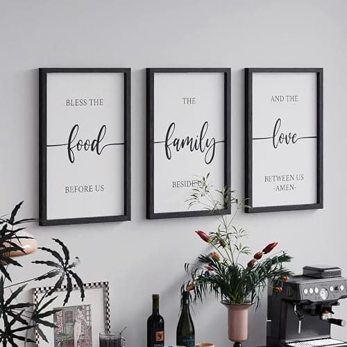 ZAZIWZ Set of 3 Bless The Food Before Us Sign Dining Room Wall Decor 12”x16” Farmhouse Kitchen Wall Decoration for Dining Room Wall Art Framed Wood Signs (bless food sign (black)) - bless food sign (black) - Image 1