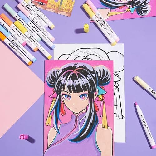Arrtx Paint Markers Paint Pens 60 Colors, Acrylic Pens for Artists Adults Coloring Drawing Cartoon Anime Comic - Brush Tip for Rock, Wood, Canvas, DIY Crafts Making Art Supplies thumbnail 2