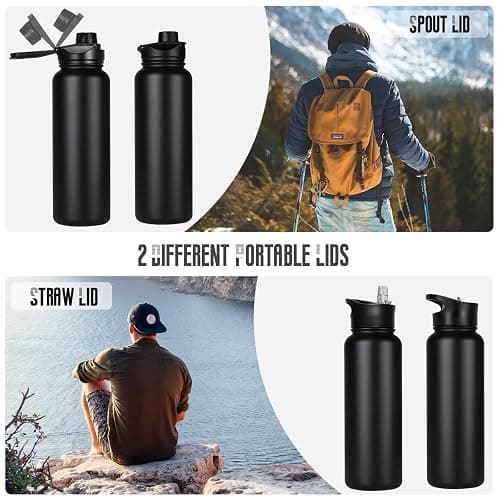VQRRCKI 40 oz Insulated Water Bottle with Straw, Stainless Steel Sports Water Bottles with 2 Lids (Straw and Wide Mouth lid), Double Wall Vacuum, Leakproof, BPA-Free, Black thumbnail 4