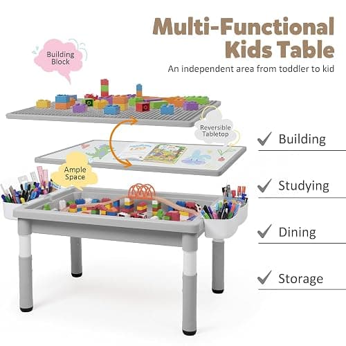 TODEFULL Kids Table and Chairs Set Large Storage, Height Adjustable | Toddler Activity Table and 2 Chairs Set, 34.6x24.8" Graffiti/Block Building Desktop, 4 Side Box, Kids desk for Home Preschool thumbnail 2
