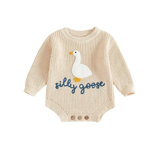 Ysfanwuxi Newborn Baby Boy Girl Sweater Romper Silly Goose Embroidery Knit Onesie Knitted Bodysuit Warm Fall Winter Clothes - Image 1