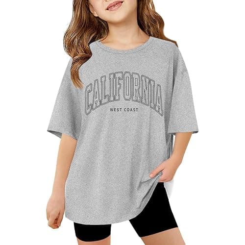 California T Shirts for Girls Letter Print Graphic Tees Oversized Casual Loose Drop Shoulder Short Sleeve Basic Summer Tops - Image 1
