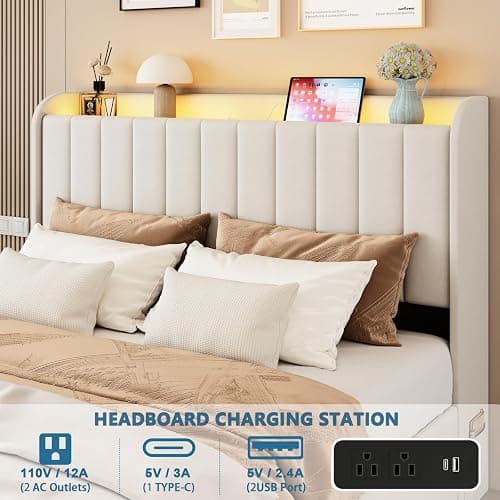Etditrnp Queen Bed Frame with 4 Storage Drawers, LED Bed Frame with Charging Station, Velvet Channel Tufted Upholstered Headboard, Wood Slats Support Noise-Free, No Box Spring Needed, Beige thumbnail 3