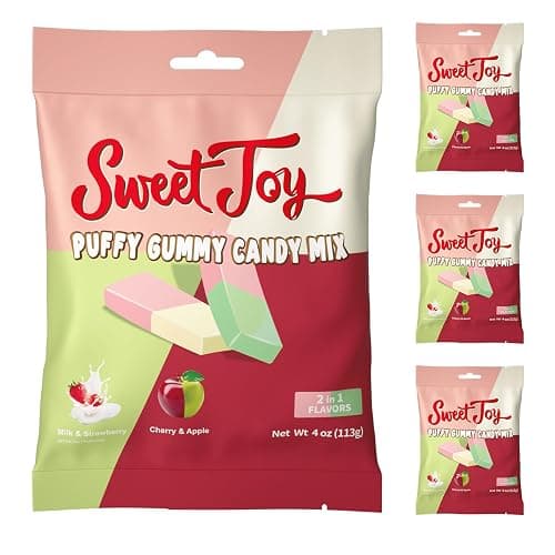 SweetJoy Puffy Gummy Candy Mix Fat Free Milk, Strawberry, Cherry, Apple Flavored Candy 16oz Total (4 Bags × 4oz), Value Pack Perfect for Birthdays, Halloween, Parties, Travel, Kids and Adults - Image 1