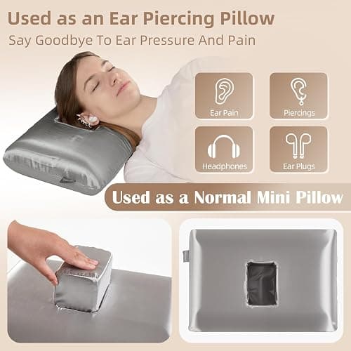 USlixury® Ear Piercing Pillow for Side Sleepers with Off-Center Hole | Large 4.7x3.2" Off-Center Hole Fits Most Necks for Ear Pain/CNH, Memory Foam, Champagne Satin Case and Foam Plug, 16x11x4" thumbnail 3