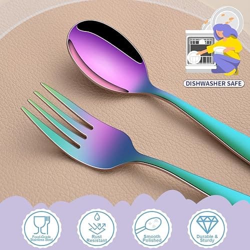 DEHOV Rainbow Toddler Eating Utensils Set,Set Of 12 Food Grade Stainless Steel Silverware Sets For Kids,Dishwasher Safe Children Small Metal Spoons And Forks Flatware Sets thumbnail 5