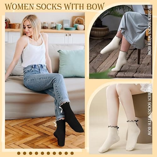ZhouBoat 6 Pairs Womens Bow Socks Ruffle Casual Crew Socks Cute Black White Soft Breathable Cotton Frilly Ankle Socks thumbnail 2