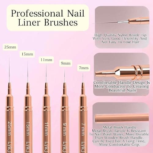5pcs Nail Art Liner Brushes,Liner Brush For Nails Gel,Painting Art Design Brush Set Nail Dotting Drawing Tool For Long Lines, Thin Details, Fine Drawing Sizes 7/9/11/15/25mm（Rose Golden） thumbnail 3