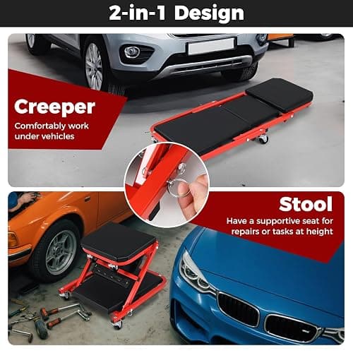 COSTWAY 2-in-1 Folding Car Creeper and Seat, 37 Inch/40 Inch Padded Mechanics Creeper Stool with 6 Rotatable Wheels, Rolling Garage Work Crawler Board Bench, 150kg/160kg Capacity (37”, 150kg, Black) thumbnail 2
