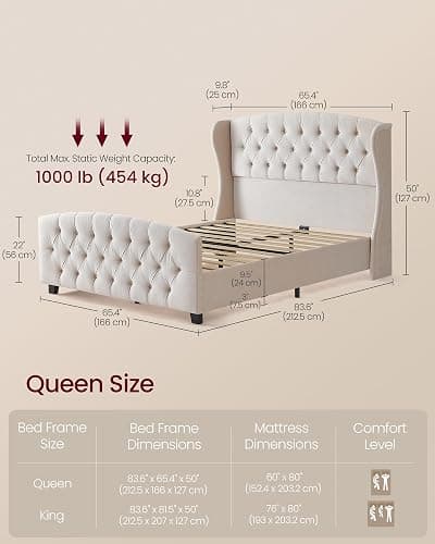 VASAGLE Queen Bed Frame with Tall Headboard, Upholstered Platform Bed Frame Queen Size, with Wingback Tufted Headboard and Footboard, Wooden Slats, No Box Spring Needed, Cappuccino Beige URMB881W01 thumbnail 2