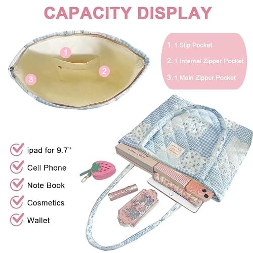 Modacarry Small Floral Quilted Tote Bag with Zipper Closure for Women Girls thumbnail 4