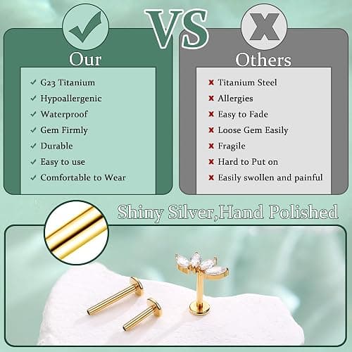 LOLIAS 16G G23 Titanium Tragus Conch Helix Piercing Jewelry 6mm 8mm 10mm - Internally Threaded Flat Back Stud Cartilage Earrings Hypoallergenic Forward Earlobe Labret Tragus Piercing Jewelry thumbnail 5