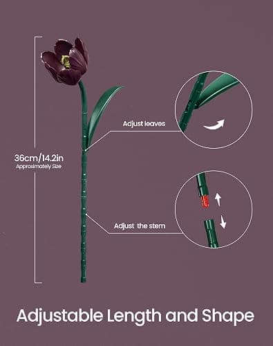 SupreOwls Dark Purple Tulip Flowers Building Set Botanical Bouquet for Her | Artificial Plant Collection Building Kit, Home Room Table Decor Block Toy, Birthday Gift for Adult Women Mother Girlfriend thumbnail 3