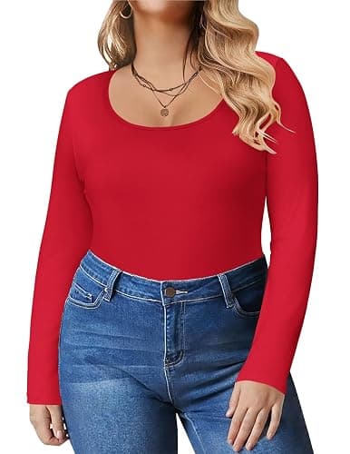IN'VOLAND Women's Plus Size Long Sleeve Shirts Scoop Neck Slim Fitted T Shirt Stretchy Bodycon Basic Tee Tops - Image 1