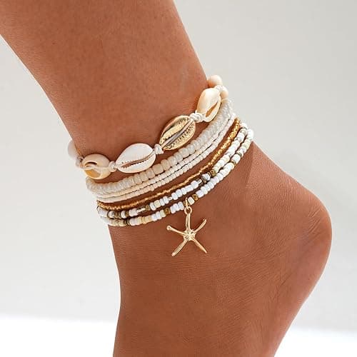 Qceasiy Shell Ankle Bracelet Set for Women, Gold Plated Boho Bead Adjustable Anklet, Hawaiian Beach Seashell Pearl Heart Starfish Conch Foot Jewelry Gifts thumbnail 3