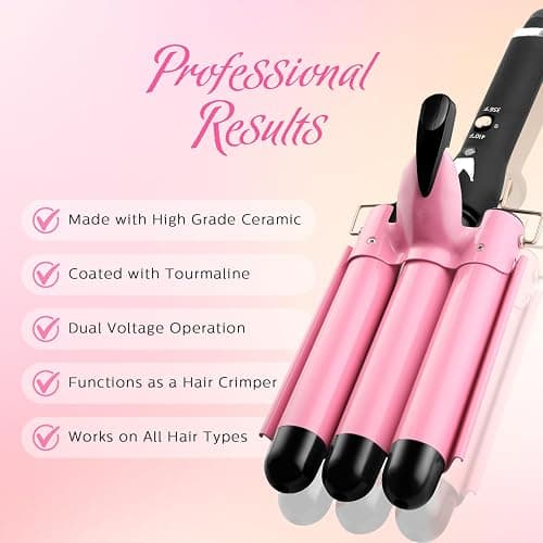 3 Barrel Curling Iron Hair Crimper: Birthday Gifts for Women - Dual Voltage Adjustable Temperature Three Barrels Hair Waver - 1 Inch Ceramic Curler Wand (Pink) thumbnail 4