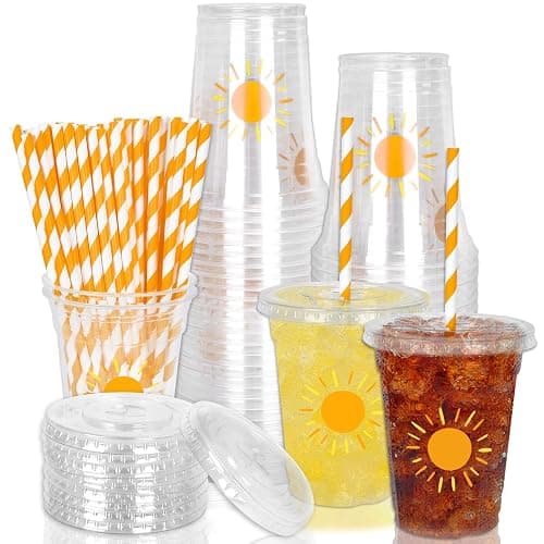 Whaline 50Pcs Boho Sun Disposable Plastic Cups with Lids and Straws 12 Oz Sunshine Cold Beverage Drinking Cups for Birthday Baby Shower Party Supplies - Image 1