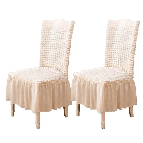 Qubjus Chair Covers for Dining Room Set of 2 Stretch Chair Slipcovers with Skirt Removable Washable Kitchen Chair Protector Cover Set for Home, Party, Wedding(Off-White, 2Pcs) - Image 1