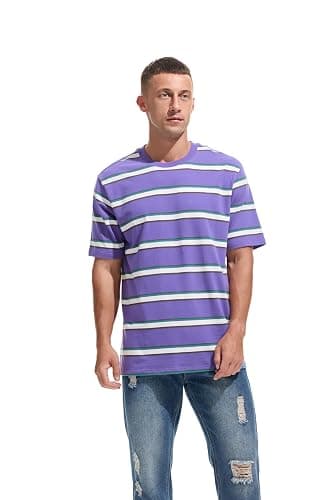 KLIEGOU Men's Fashion Loose Fit Crewneck Stripe T-Shirt thumbnail 3