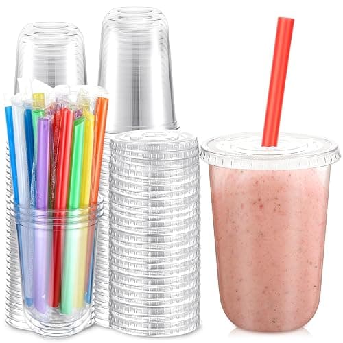 Ziliny 50 Sets Clear Cups with Flat Lids and Jumbo Smoothie Straws Disposable Plastic Drinking Cups for Smoothies, Milkshakes, Milk Tea, Cold Drinks(16 oz) - 16 oz - Image 1