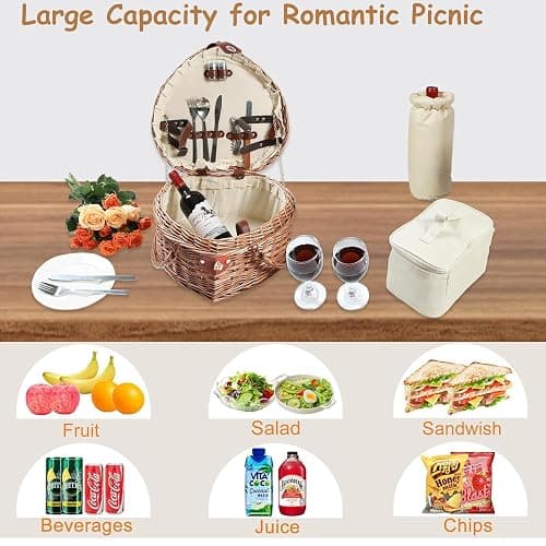 RORLAND Heart Shaped Picnic Basket Set 2 Person,Wicker Romantic Willow Woven Basket W/Tableware for Camping Indoor Outdoor Party,Couple Gift for Valentine's Day,Engagement,Wedding,Anniversary,Birthday thumbnail 7