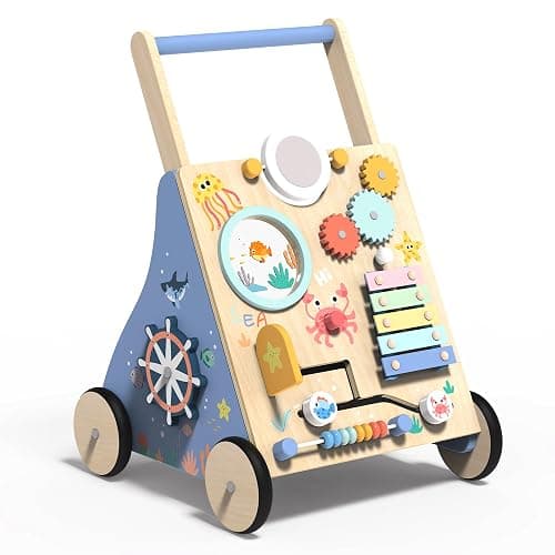 Ocean-Themed Wooden Baby Walker with Activity Center, Montessori Push Walker Toy for Babies 18 Months, Safe First Steps Baby Walking Aid for Boys & Girls - Image 1