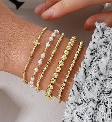 Gold Beaded Bracelets for Women, 14K Real Gold Plated Jewelry for Women Dainty Pearl Bead Bracelets Stack, Non Tarnish Trendy Stackable Ball Cross Stretch Bracelet Set Fashion Accessories Gifts for Women - Gold cross bead thumbnail 3
